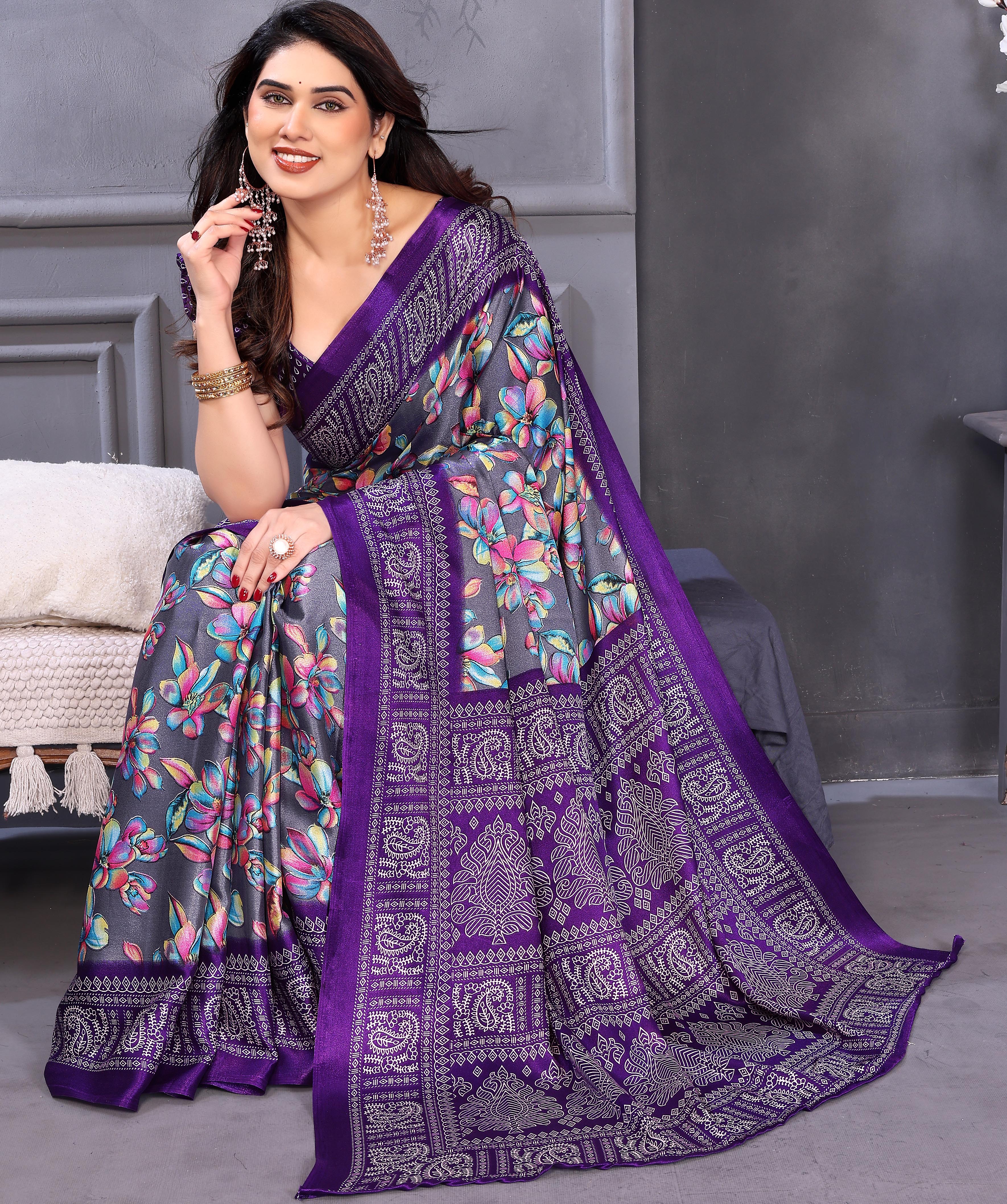Grey & Blue Floral Printed Saree for Women Party & Daily Wear Saree