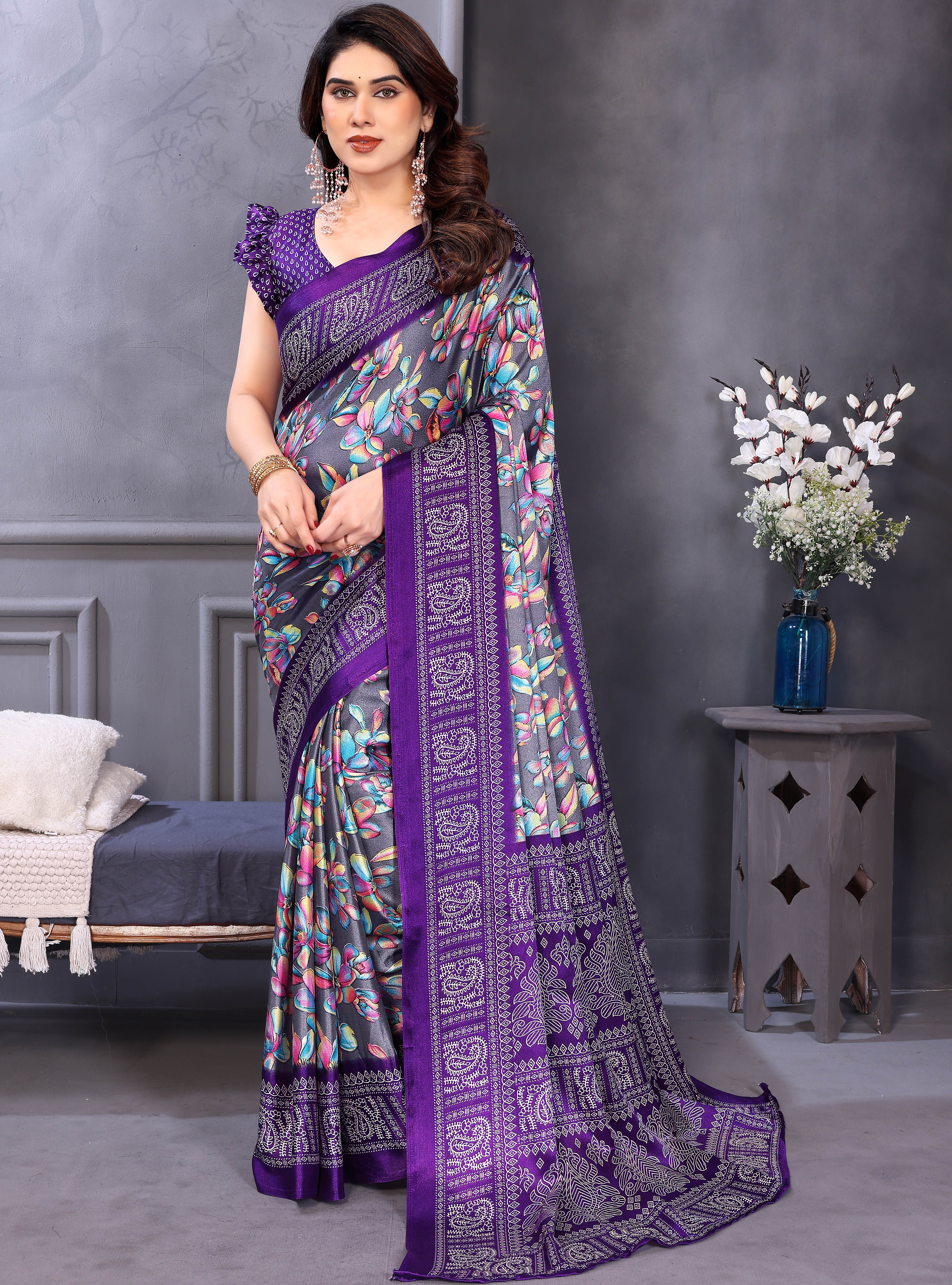 Grey & Blue Floral Printed Saree for Women Party & Daily Wear Saree