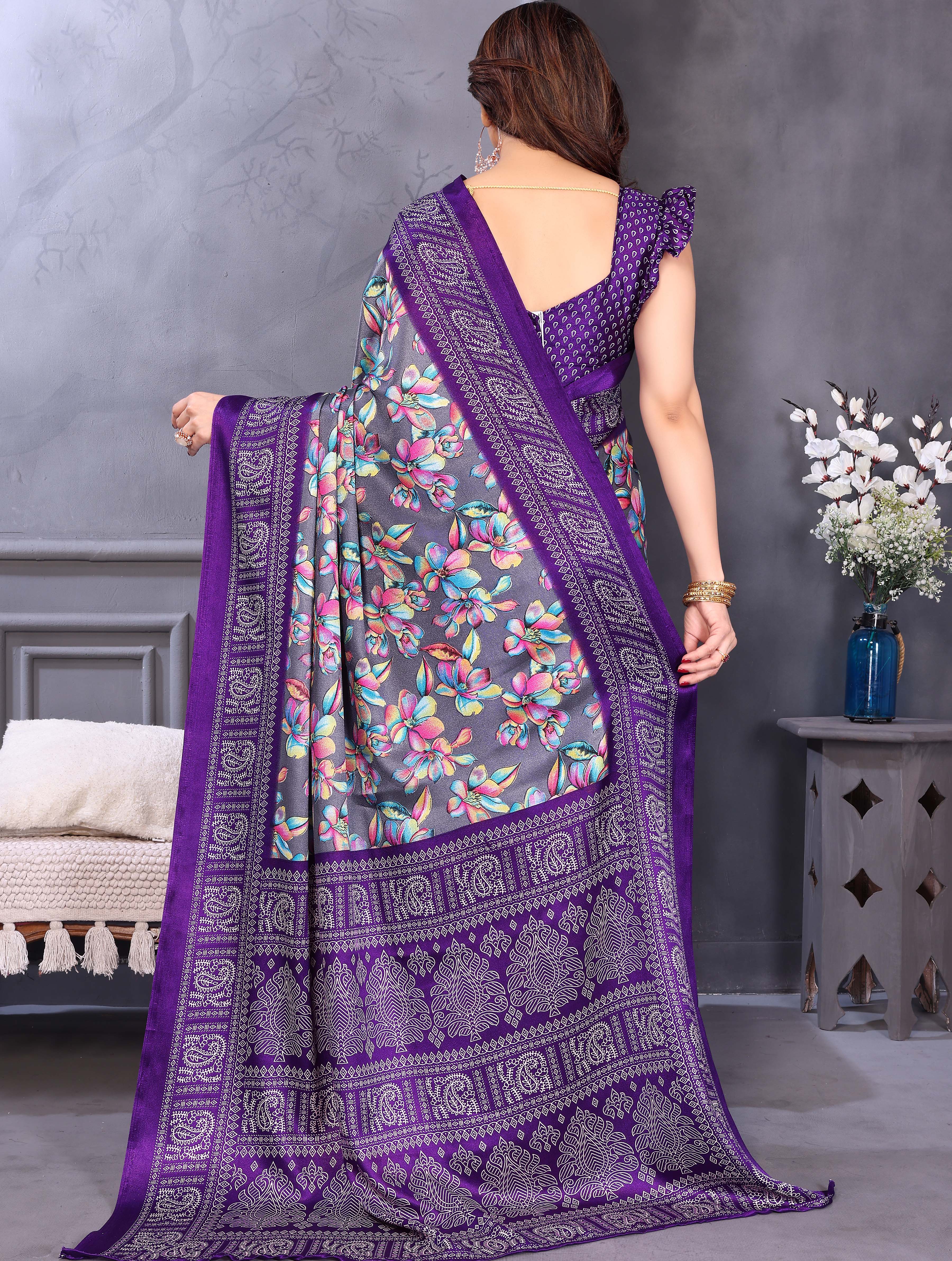 Grey & Blue Floral Printed Saree for Women Party & Daily Wear Saree