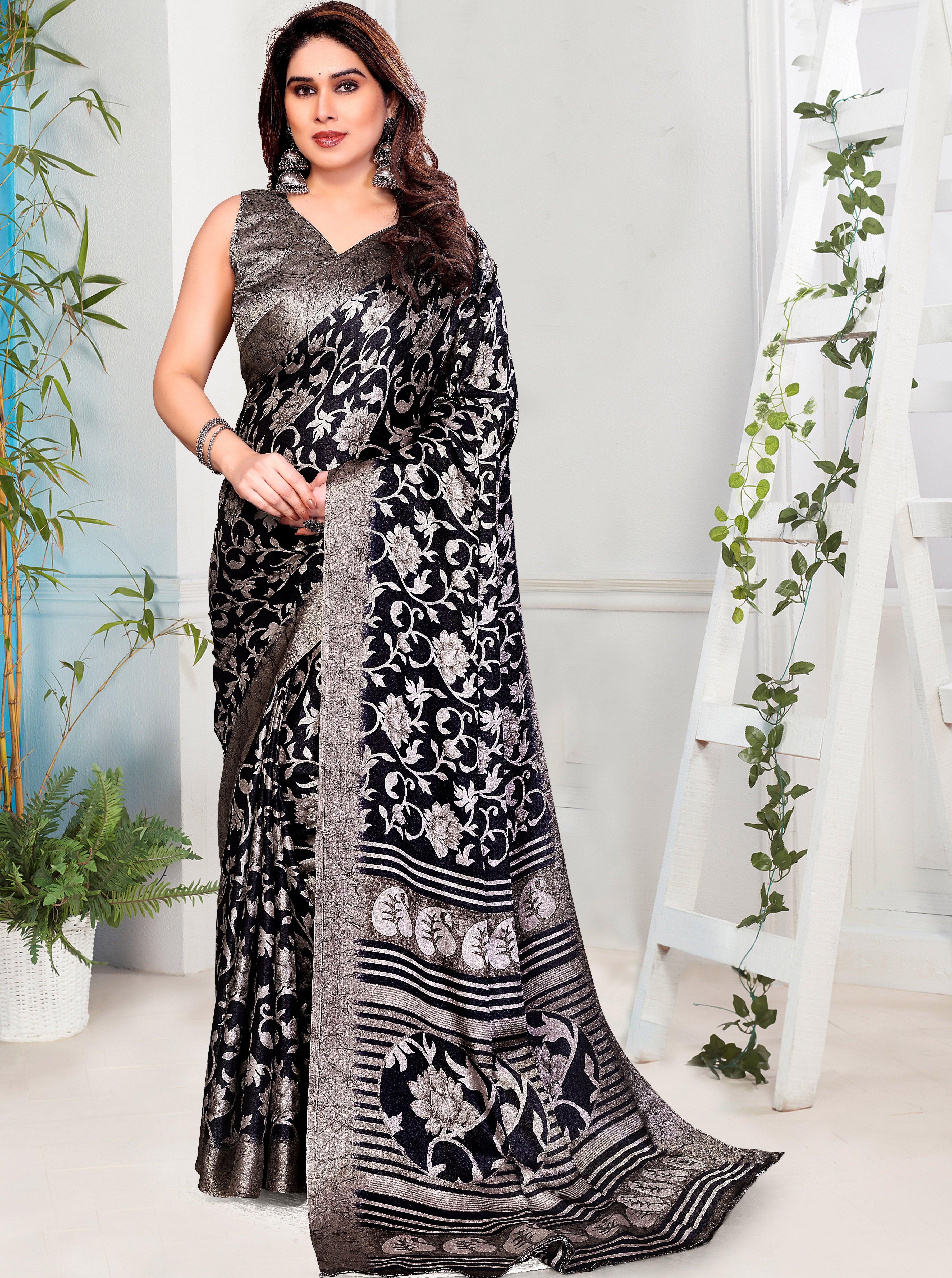 Black Floral Printed Cotton Silk Party & Daily Wear Saree with Blouse Piece