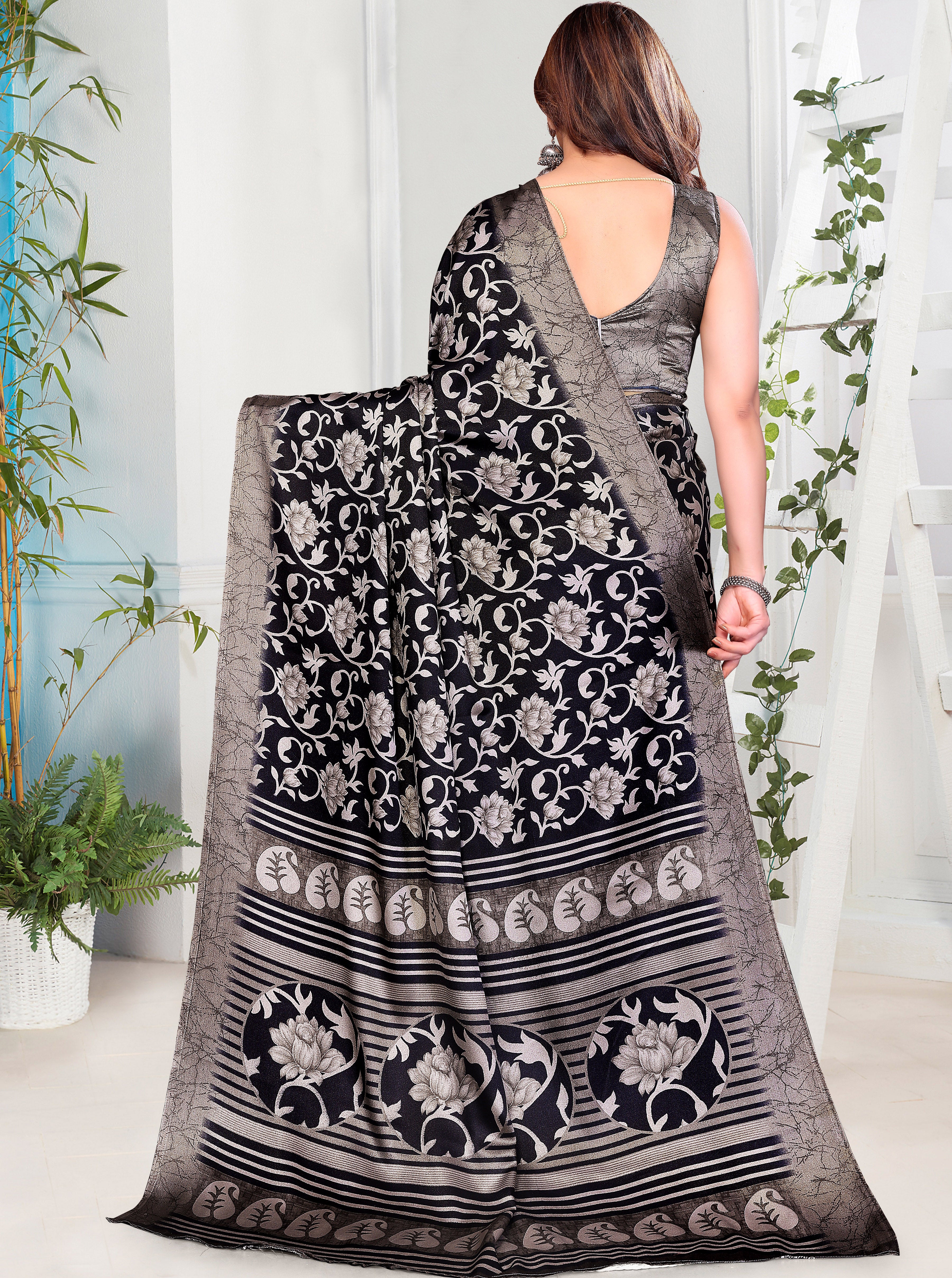 Black Floral Printed Cotton Silk Party & Daily Wear Saree with Blouse Piece