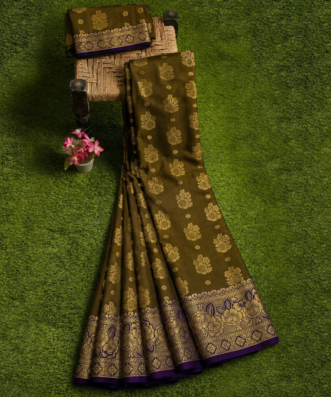 Woven South Indian Kanjivaram Silk Saree for Wedding Party Wear with Gold,Purple Zari Border