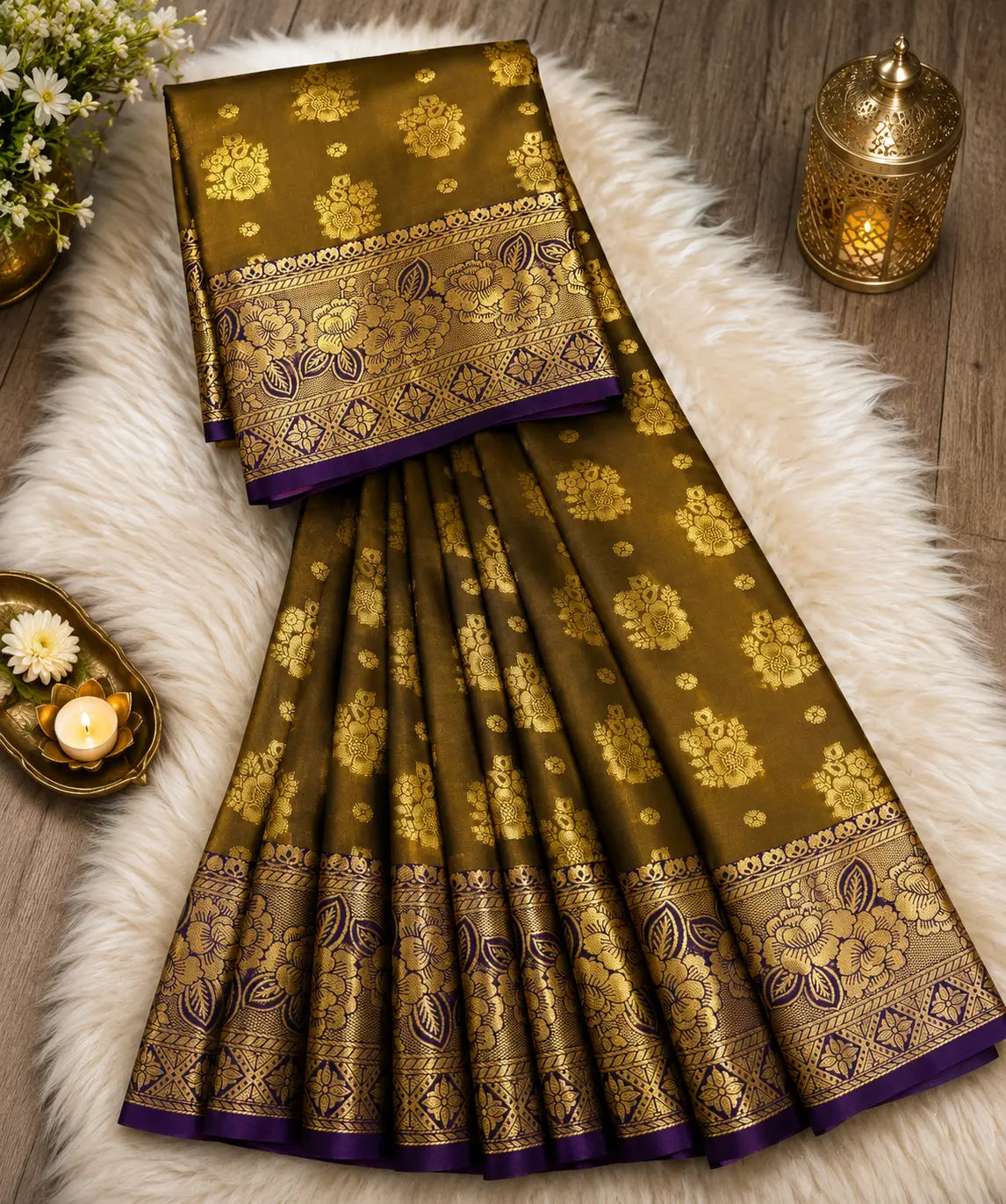 Woven South Indian Kanjivaram Silk Saree for Wedding Party Wear with Gold,Purple Zari Border